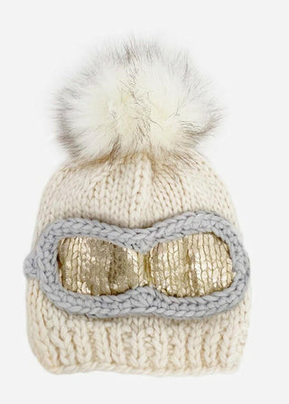 The Blueberry Hill Ski Goggles Hand Knit Beanie Hat - Cream