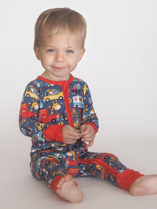 Toast + Jams Bamboo Convertible Footie Romper - Emergency (Ambulances, Fire Engines & Cars)
