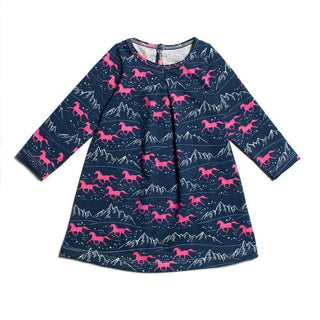 Winter Water Factory Long Sleeve Aspen Baby Dress, Navy and Pink, Wild Horses
