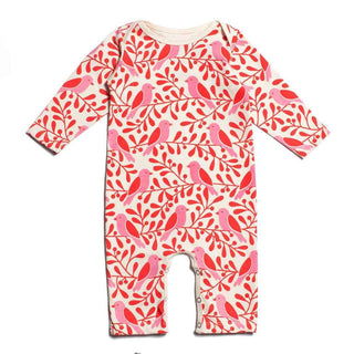 Winter Water Factory Winter WaterLong Sleeve Factory Romper- Red and Pink, Berries and Birds